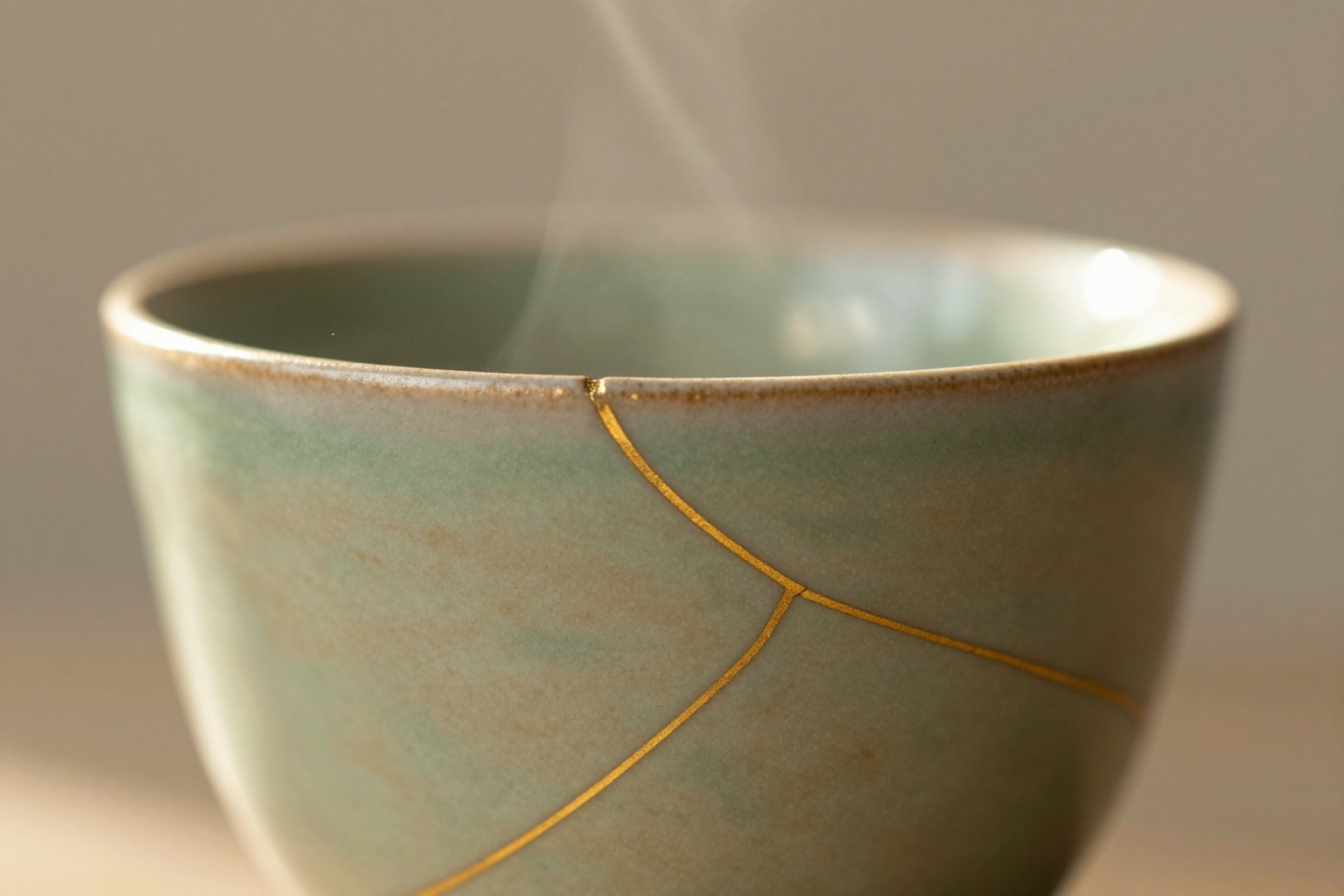 extreme close-up of a golden kintsugi seam on ceramic